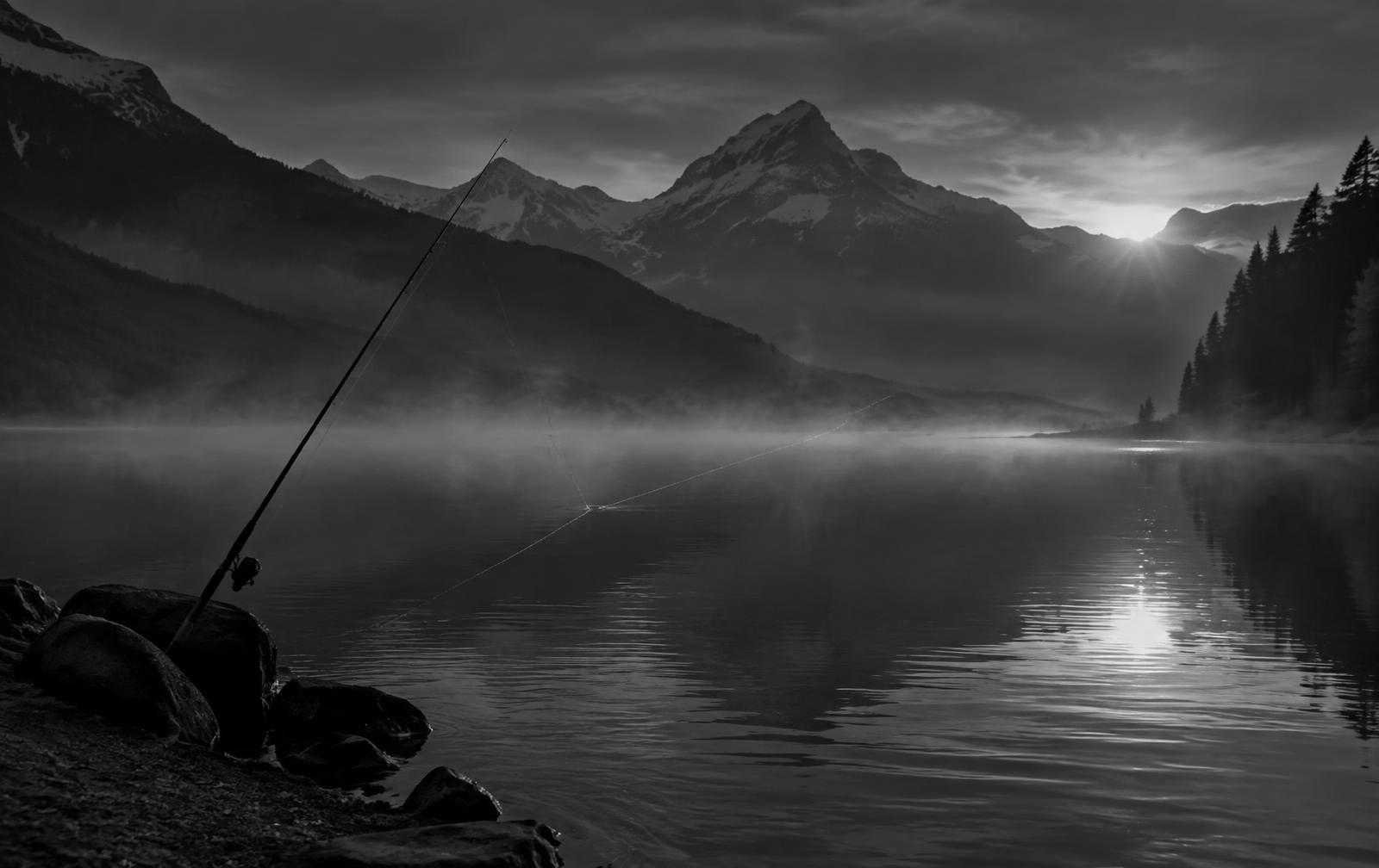 Bergsee im Morgennebel, eine Angelrute am steinigen Ufer